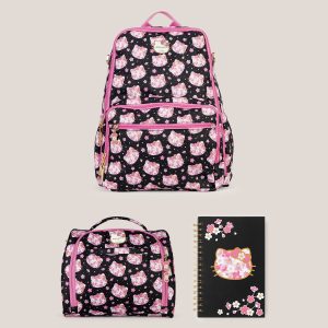 Hello Kitty? ?? JuJuBe Cherry Blossoms Zealous Backpack + Insulated Bottle Bag + Medium Spiral Notebook Bundle